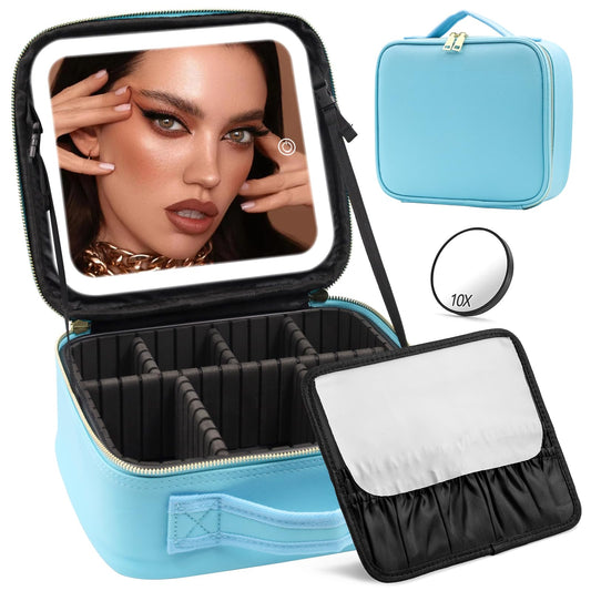 Jadazror Makeup Organizer Bag with Mirror, Lighted Travel Makeup Bag 3 Colors Modes, Cosmetic Bag Make up Organizer with Mirror and Light, Makeup Train Case Portable Cosmetic Storage Case Gifts(Blue)