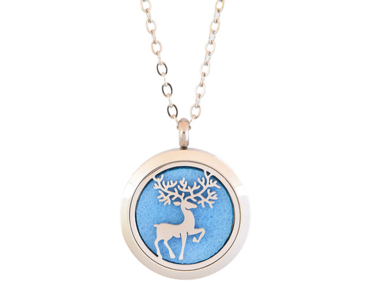 Aromatherapy Essential Oil Diffuser Stainless Steel 30MM Silver Magnetic Locket Pendant 2 Sizes Chain Necklace, Refill Pads & Diffuser Bracelet in a Velvet Bag (Prancing Winter elk)