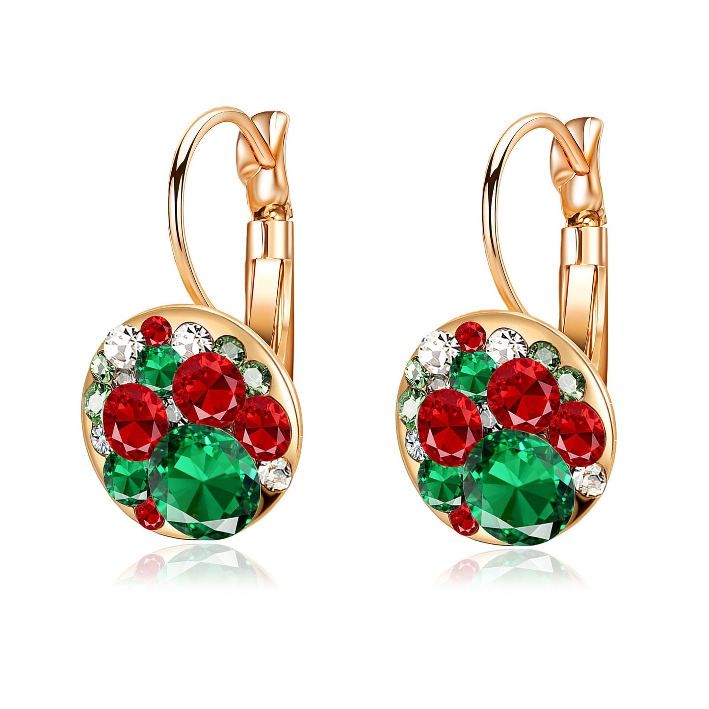 Multicolored Austrian Crystal Leverback Earrings for Women 14K Gold Plated Dangle Hoop Earrings Hypoallergenic Jewelry (Green Red Main Crystals/Christmas Glow)