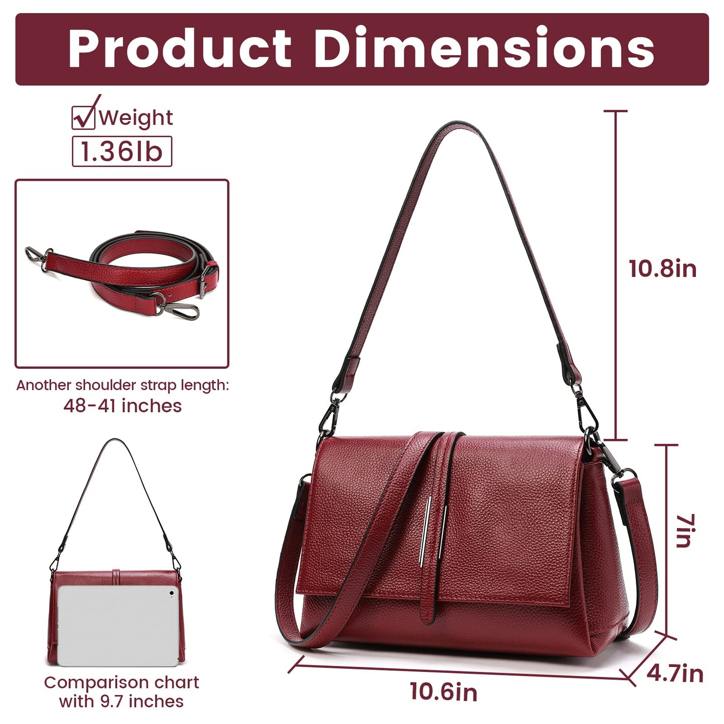SHESTORY Women Genuine Leather Shoulder Bags Classic Crossbody Purses for Lady Handbag (Wine)