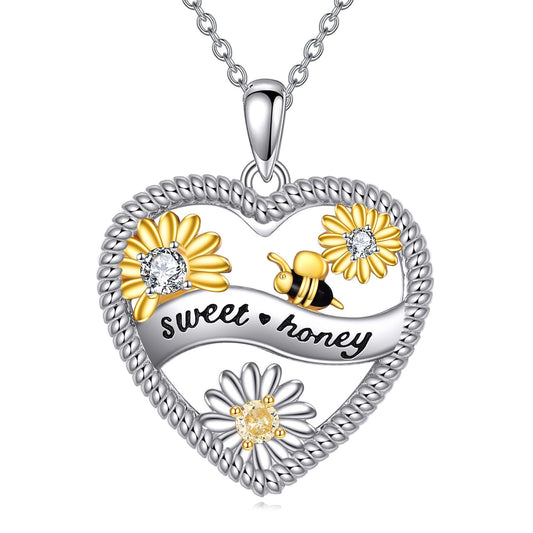 LUHE Bee NecklaceSterling Silver Daisy Flower Pendant Necklaces for Women Bee Jewelry Christmas Gifts for Women