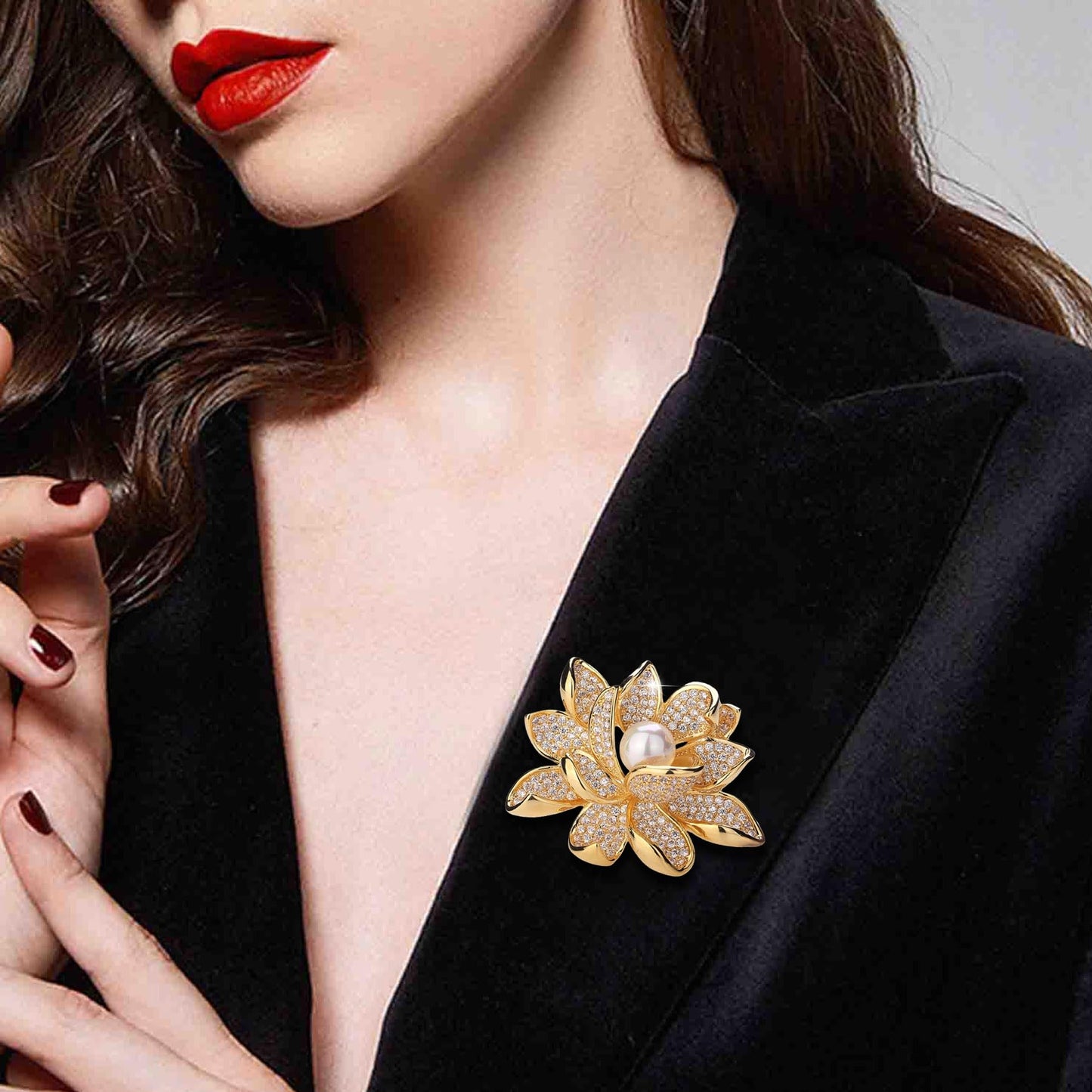 Crystal Red Flower Brooch Pins for Women Elegant Enamel Rhinestone Floral Brooches Pin Fashion Jewelry for Party Dance Wedding Banquet Brooch for Women Gift (Gold)