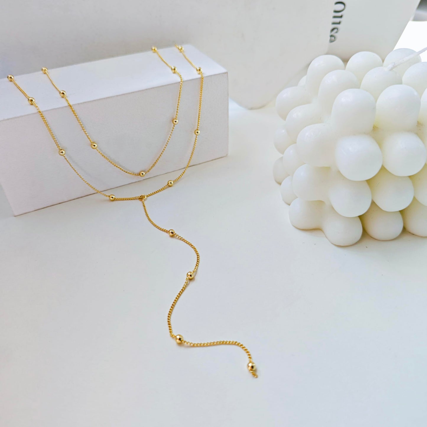 Zeffy Dainty Long Gold Necklaces for Women Trendy Lariat Y Necklace 14k Gold Plated Layered Beaded Drop Necklaces Simple Y-Shaped Chain Jewelry Gift Wedding