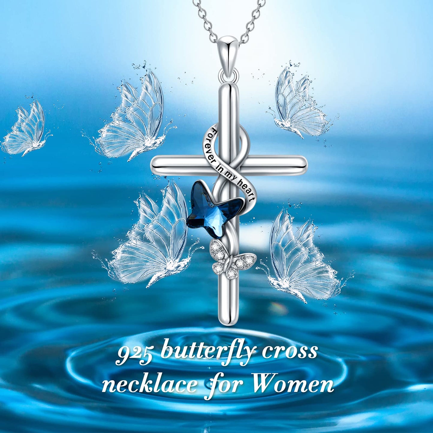 Flpruy Butterfly Cross Necklace 925 Sterling Silver for Women Forever in My Heart Crystal Butterfly Cross Necklace