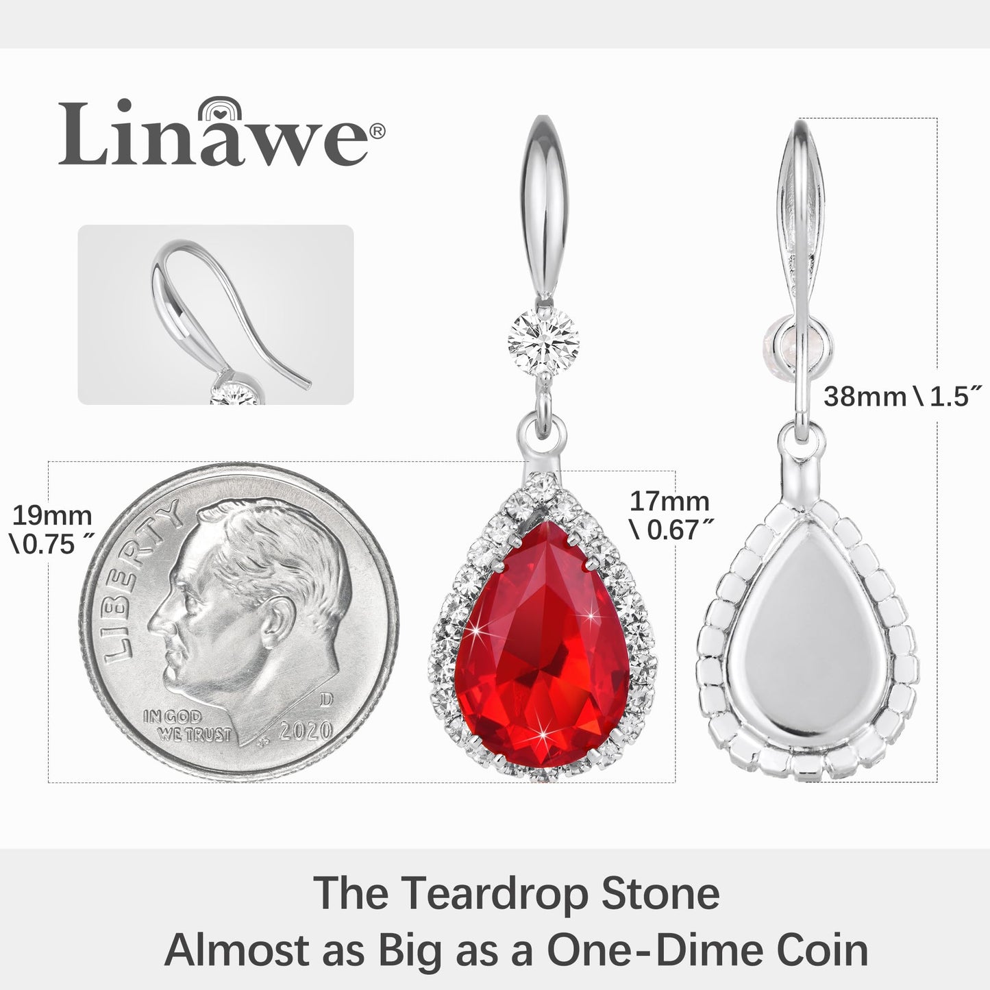 Linawe Silver Red Dangle Earrings for Women Trendy, Imitation Diamond Drop Teardrop Ruby Crystal Rhinestone Cubic Zirconia Wedding Earrings, Bride Bridesmaids Jewelry Set