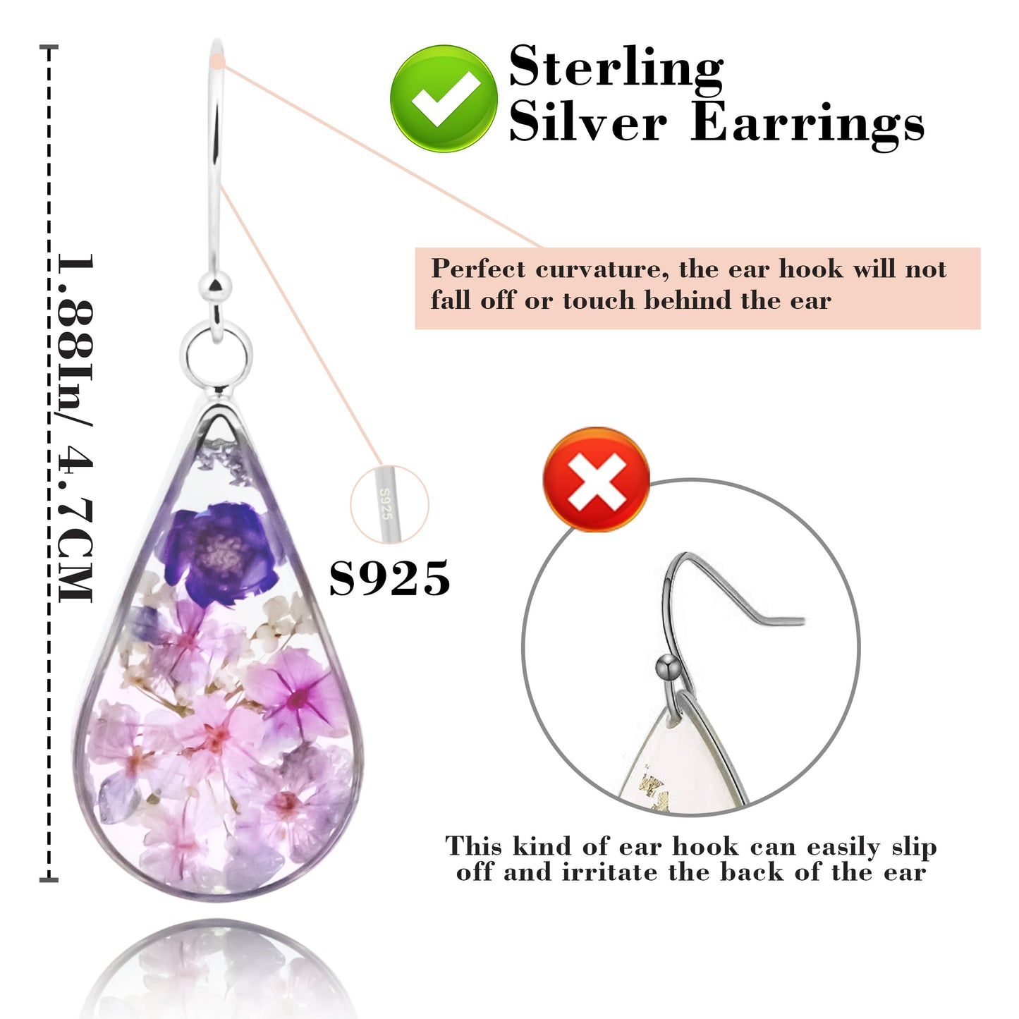 925 Sterling Silver Pressed Flower Teardrop Earrings,Hypoallergenic Women's Jewelry Gift for Mom,Handmade natural dried flower teardrop earrings Jewelry Gift (Emerald Color)