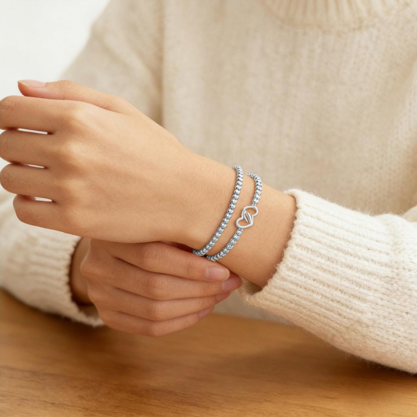 Silver Beaded Bracelets for Women 14K Silver Double-heart Bracelet Handmade Stackable Bracelets for Women Trendy Non Tarnish Bracelet Jewelry Gift for Womens 2Pcs (08.Double-heart+Beaded (Silver))