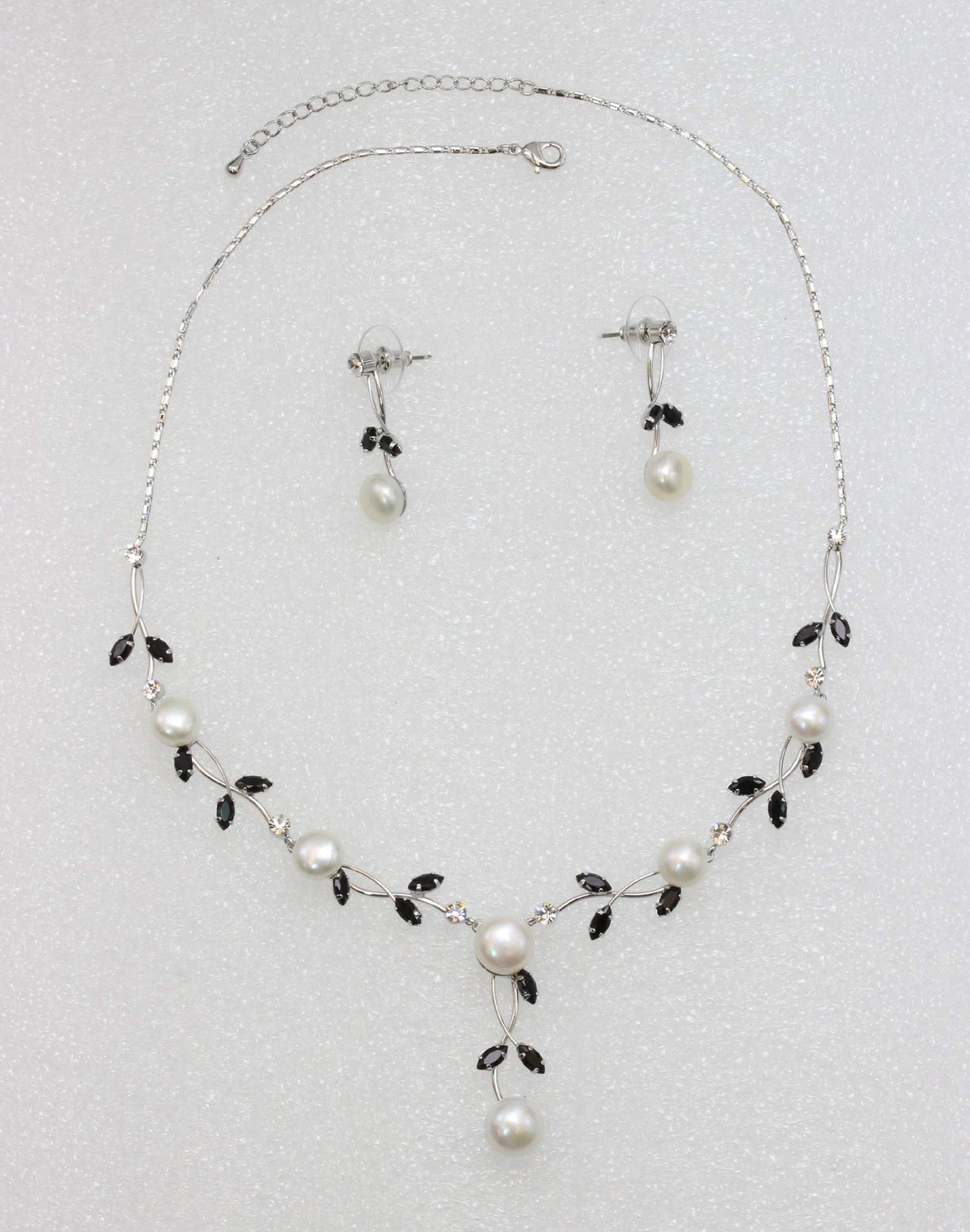 Faship Gorgeous Black CZ Crystal Genuine Freshwater Pearls Floral Necklace Earrings Set - Black