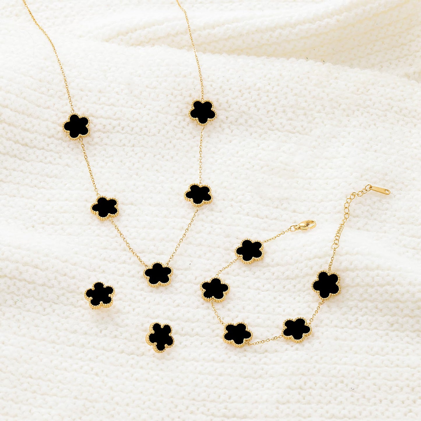 Qinpan Five Leaf Clover Necklace Bracelet and Stud Earrings Set for Women Lucky Flower Jewelry (Black-14K Gold Plated)