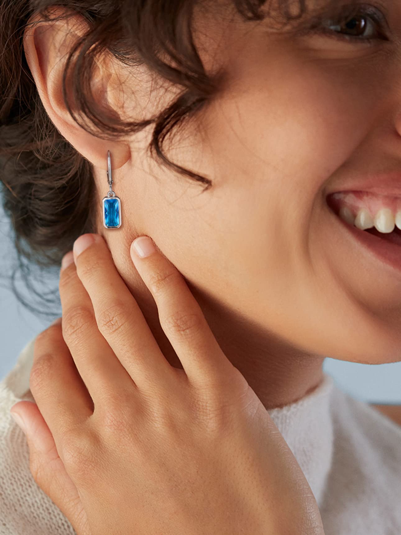 Bestyle Created Blue Topaz Drop Birthstone Earrings for Women Girls - Small Silver Baguette Dangle Earrings for Sensitive Ears