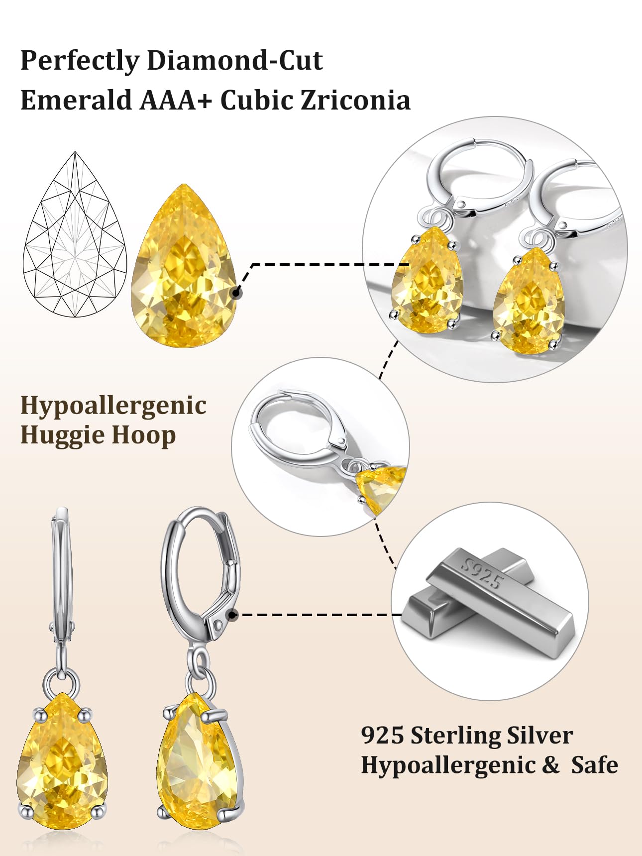Bestyle Yellow Topaz Drop Earring with Hypoallergneic Silver Huggie Hoops - Shimmer Teardrop Critine Crytsal November Birthstone Dangles Sterling Silver Earring for Women