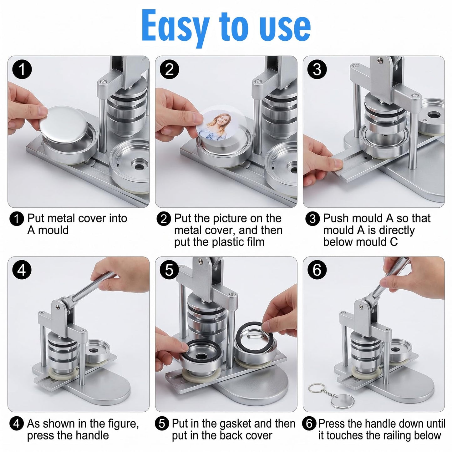 Afcabakila 100 Sets Button Maker Keychains Supplies 58mm/ 2.25 Inch Metal Badge Kit with 1.98 Inch Keychain Ring, Metal Shell, Plastic Film, Backing Parts for Button Maker Machine DIY Craft Gifts
