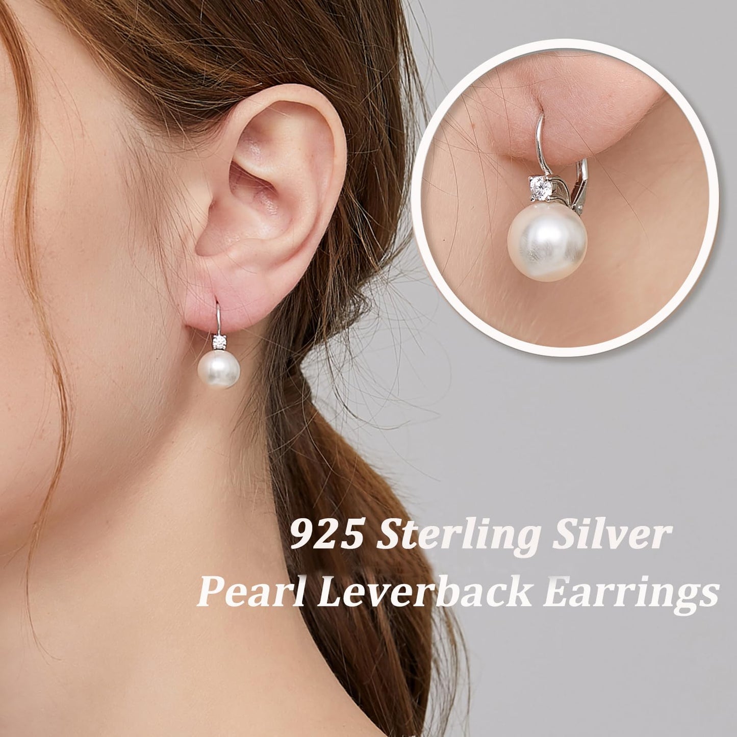 Pearl Leverback Earrings Pearl Dangle Drop Earring for Women 925 Sterling Silver Cubic Zirconia 10mm Jiahanzb