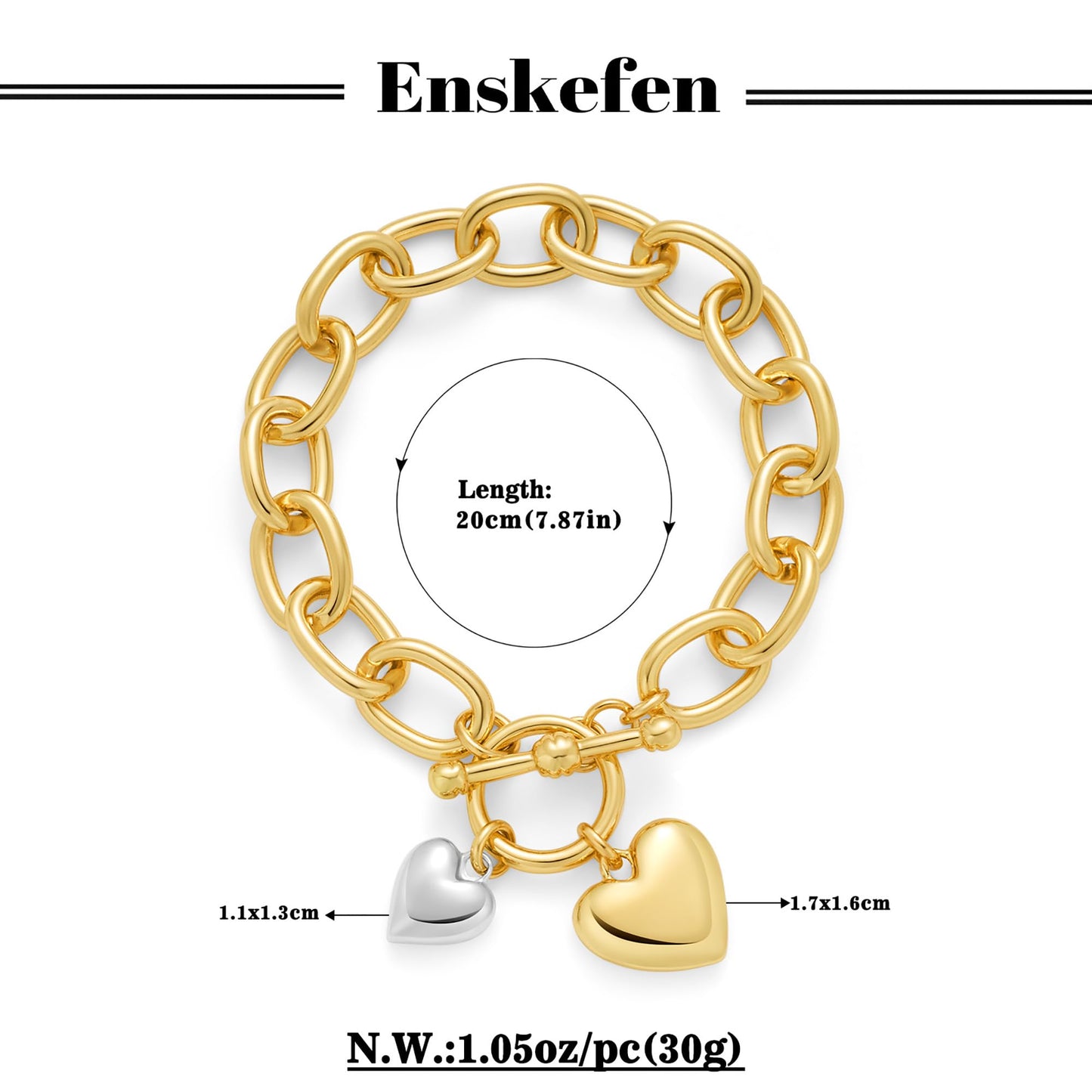 ENSKEFEN Chunky Gold Bracelets for Women with Gold Silver Heart Charms Bracelet Chunky Thick Large Link Chain Bracelet Fashion Romantic Statement Jewelry