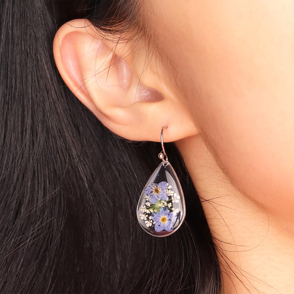 JeanBeau Handmade Pressed Flower Earrings for Women, Forget-Me-Not Queen Anne's Lace Wildflower Blue Nature Dried Flowers Silver Teardrop Dangle Drop Statement Floral Earings Jewelry Gift