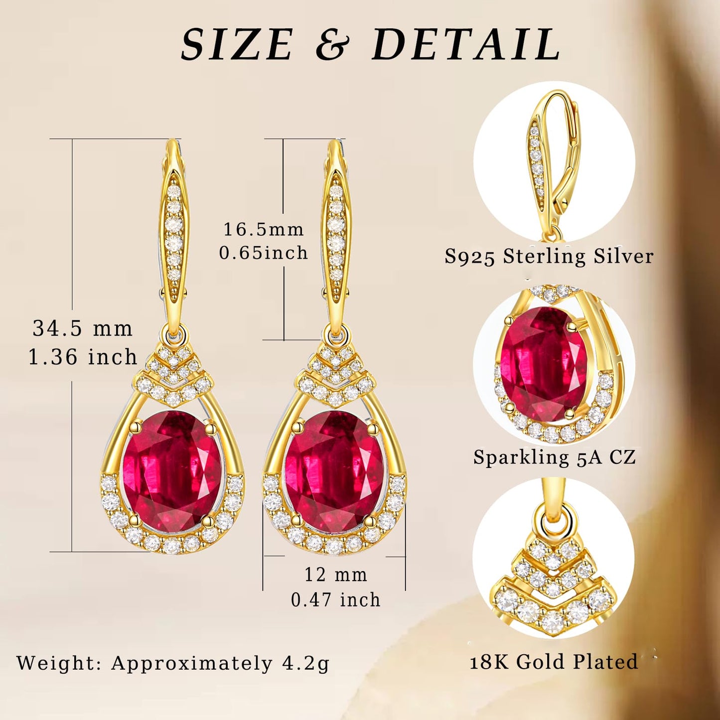 Gold Plated Red Ruby Dangle Earrings for Women Sterling Silver Teardrop Earrings July Birthstone Birthday Gifts Leverback Drop Earring for Mother' Day Lady Sparkling Jewelry Gifts for Party Christmas