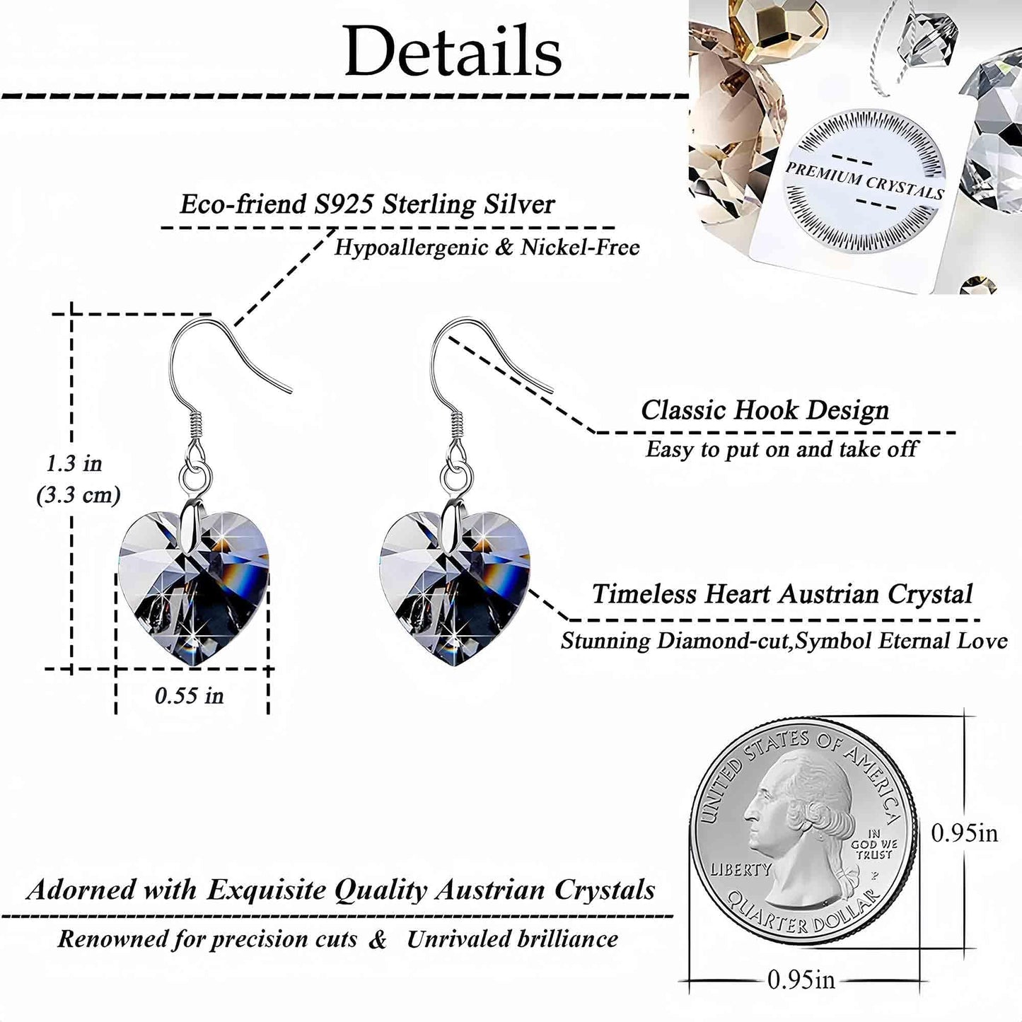 Austrian Crystal Heart Drop Dangle Earrings for Women 925 Sterling Silver Hook Hypoallergenic Earring (Grey-Black)