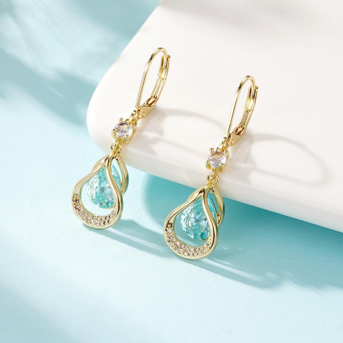 Dangle Trendy Leverback Birthstone Earrings 14K Gold Plated Teardrop Dangle Earrings Jewelry Christmas Birthday Gifts for Women(Gold March)