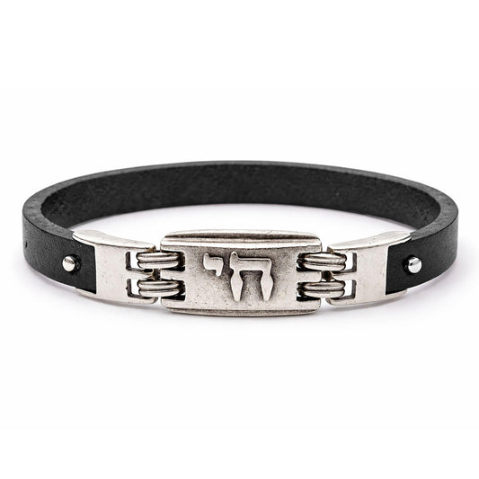 Alef Bet by Paula Chai Leather Bracelet for Men and Boys - Genuine Black Leather with Silver Plated Hebrew Chai Charm - Symbol of Life - Adjustable Bar Mitzvah Gift