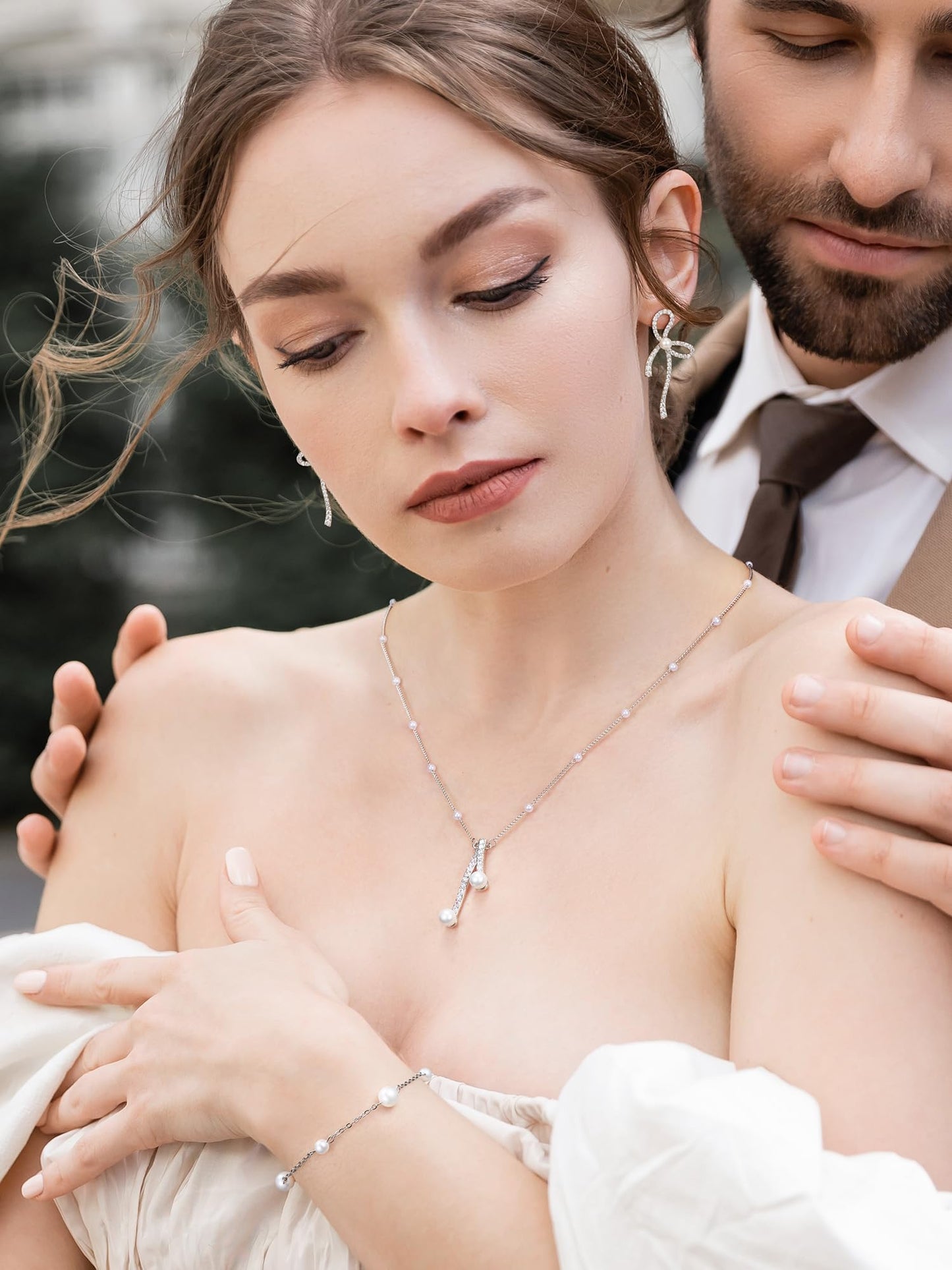 SWEETV Pearl Bridal Jewelry Set for Wedding, Bow Necklace and Earring Sets for Women Bridal Bridesmaid, Cubic Zirconia Silver Jewelry Set Wedding Prom Anniversary Jewelry Gifts
