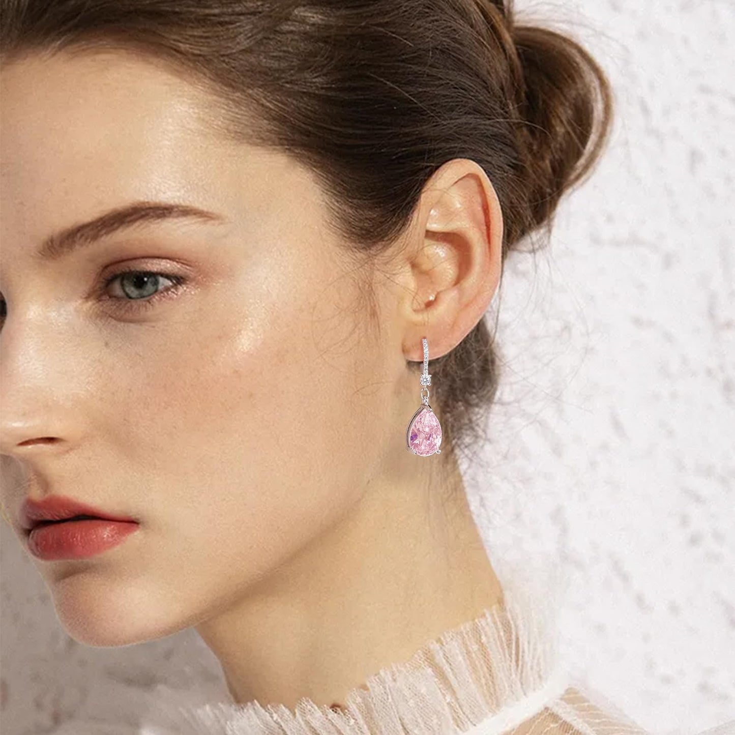 BAMIKI Sterling Silver Teardrop Leverback Dangle Earrings for Women Hypoallergenic, 10×14mm Pear Birthstone Pink Cubic Zircon Drop Earrings Trendy Jewelry Gifts for Wife Daughter Mother