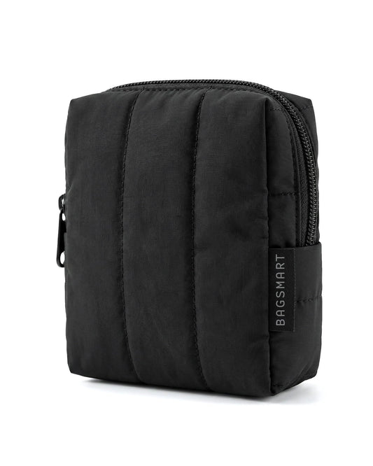 BAGSMART Small Travel Makeup Bag for Purse Toiletry Pouch, Puffy Padded Mini Cosmetics Bag, Cute Make Up Pouch for Women with Slip-in Pocket, Travel Essentials for Toiletries, Black