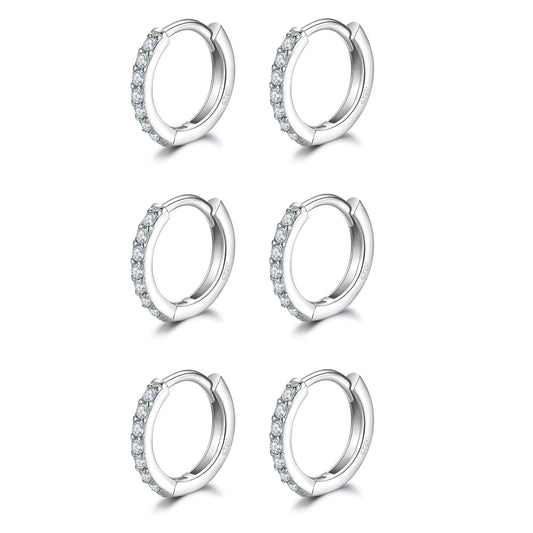 Sterling Silver Small Hoop Earrings Tiny Cartilage Earring Cubic Zirconia Cuff Huggie Earrings Mini Hoops Earrings Piercing for Women 3 Pairs 8mm