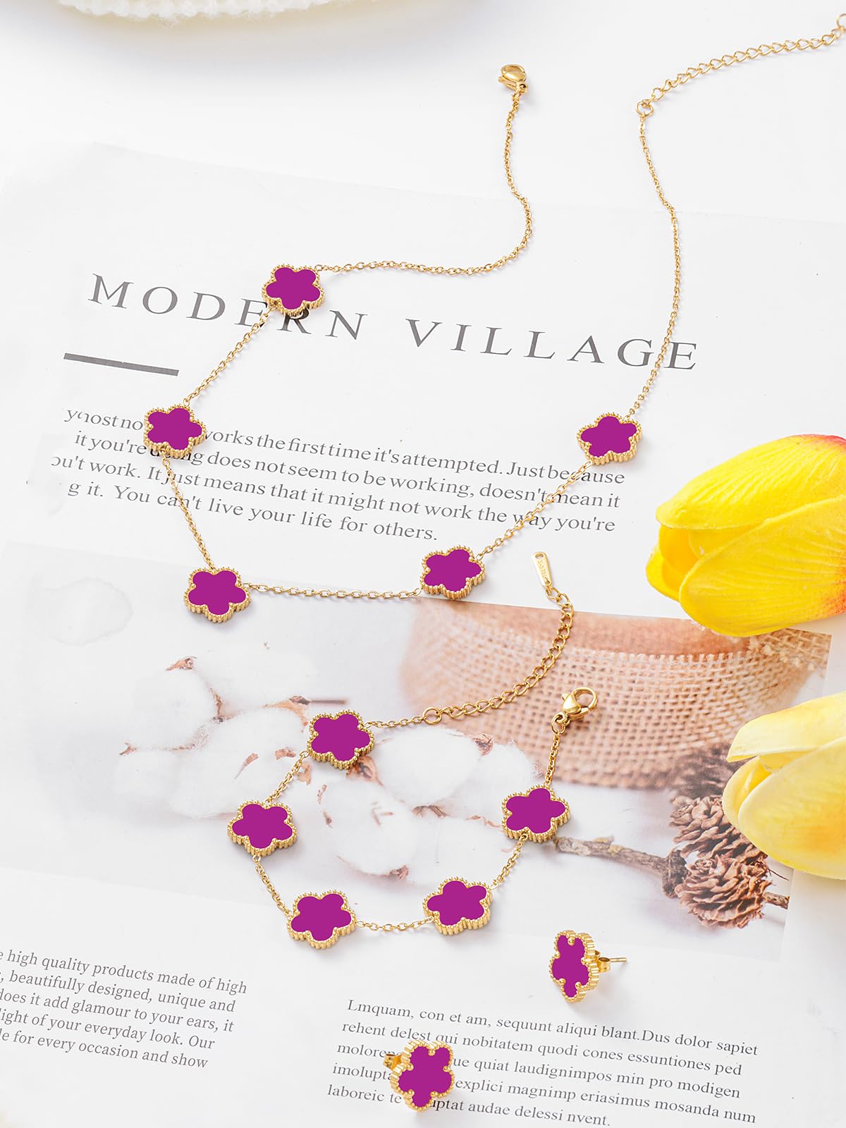 Qinpan Five Leaf Clover Necklace Bracelet and Stud Earrings Set for Women Lucky Flower Jewelry (Purple-14K Gold Plated)