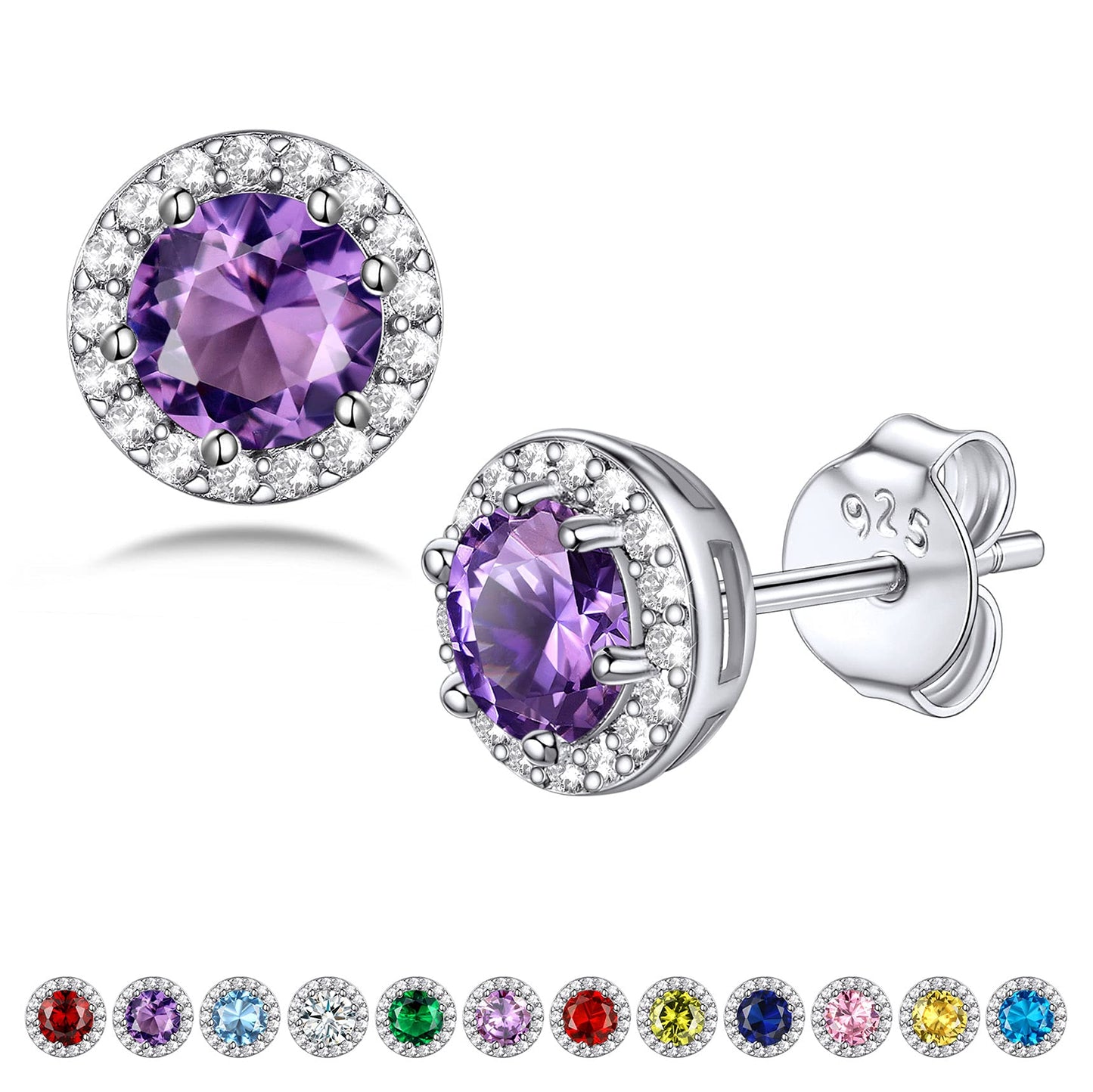 Bestyle 925 Sterling Silver CZ Created Round Diamond Studs | Classic Silver February Amethyst Birthstone Earrings for Women, Great Birthday Gift for Wife/Mom/Grandma