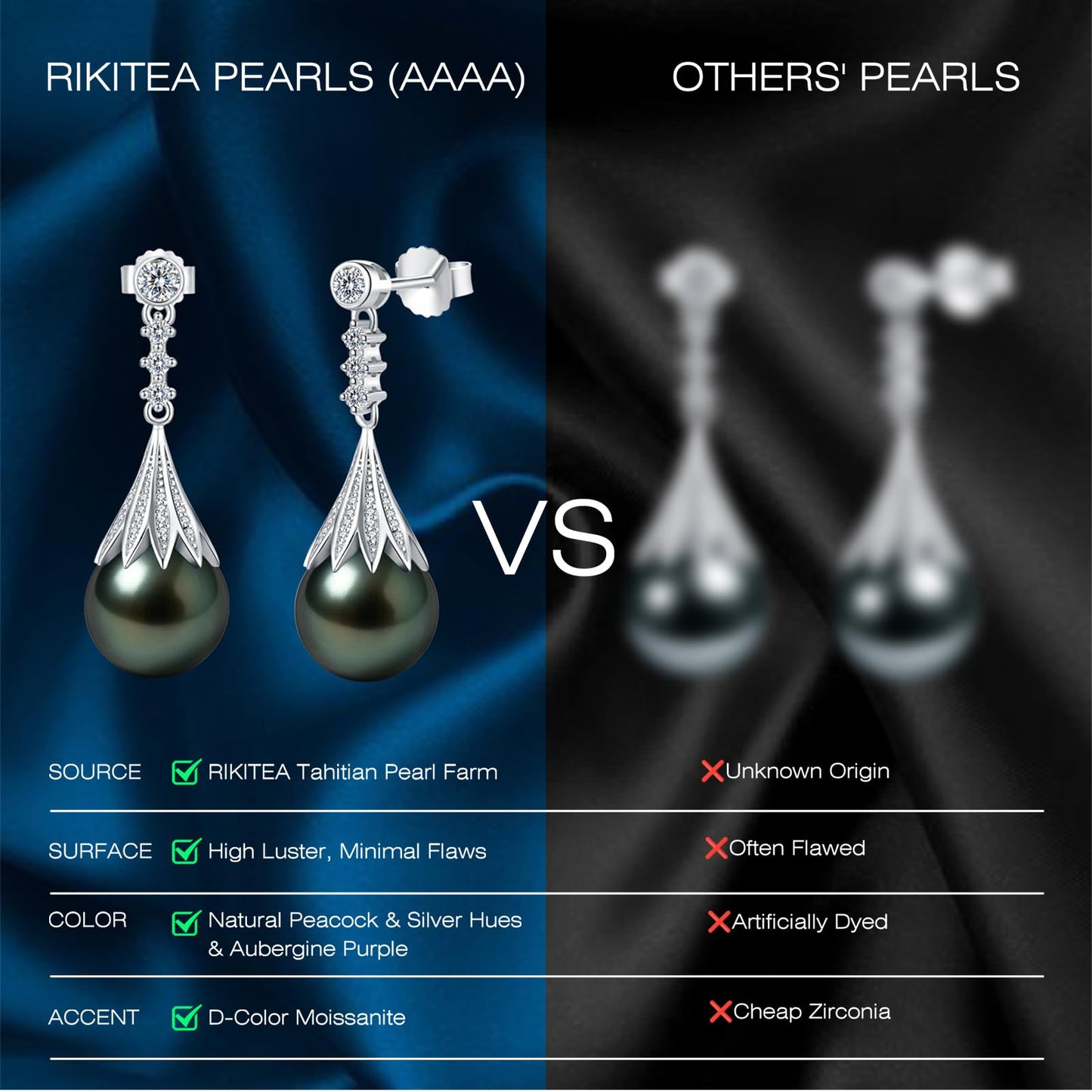 Genunie Tahitian Black Pearl Earrings for Women - Christmas Gifts for Wife Anniversary Wedding, Mom Birthday Gift, AAAA 9-10mm Ocean-Grown Pearls with S925 Sterling Silver Unique Moissanite Jewelry