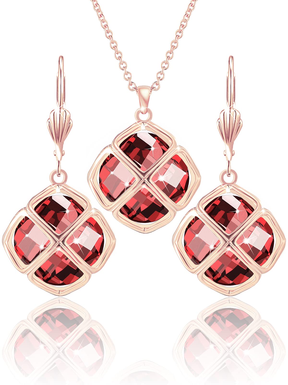 Qinpan 14MM Crystal Pendant Drop Dangle Necklace Earrings Set for Women Glod Plated Costume Jewelry Sets, 38*17.8mm, Rose Gold, Ruby