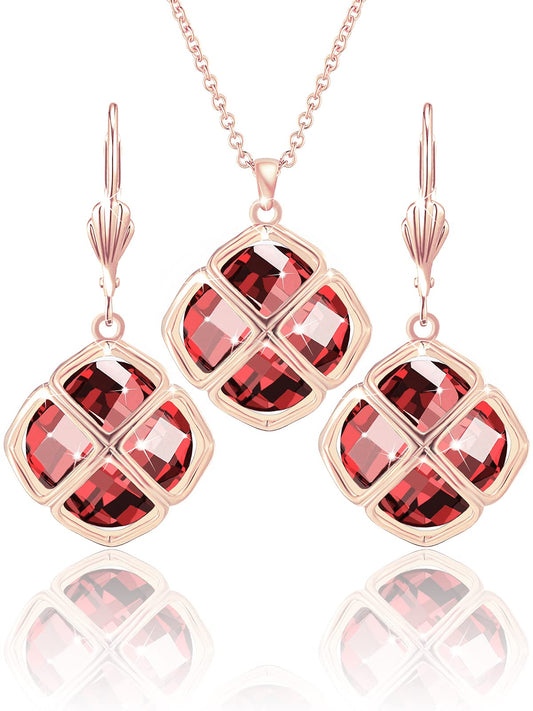 Qinpan 14MM Crystal Pendant Drop Dangle Necklace Earrings Set for Women Glod Plated Costume Jewelry Sets, 38*17.8mm, Rose Gold, Ruby