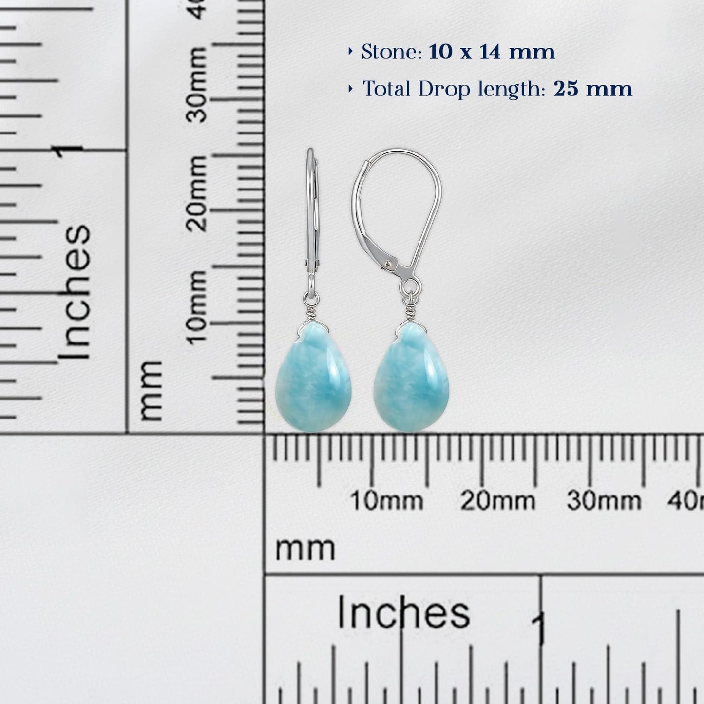 GemInspire Natural Larimar Teardrop Dangle Earrings for Women, Leverback Pear Shaped Gemstone, 925 Sterling Silver Leverback, Handmade Lightweight Jewelry Gift