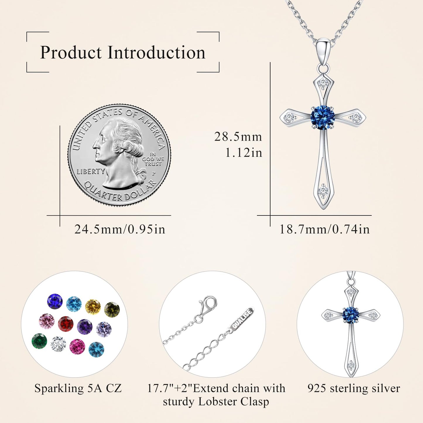 QUALISE Cross Necklace for Women,925 Sterling Silver September Birthstone Necklace Cross Pendant 5A CZ 12 Birth Months Birthstone Sapphire Jewelry Birthday Gifts for Her Wife Mom