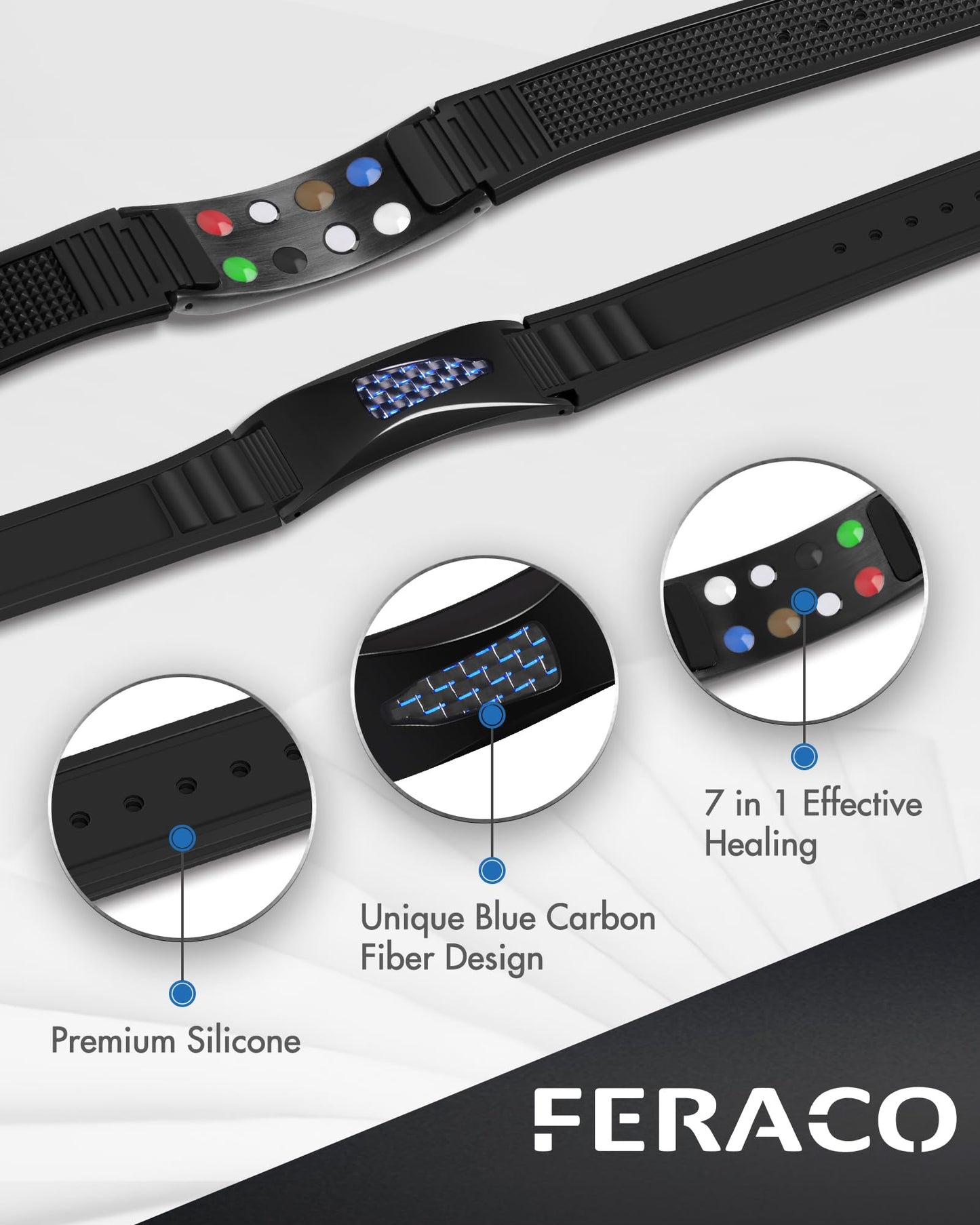Feraco Silicone Power Balance Bracelets for Men Women, 7 in 1 Magnetic Sports Bracelets with Powerful Magnets, Waterproof & Adjustable Health Wristband