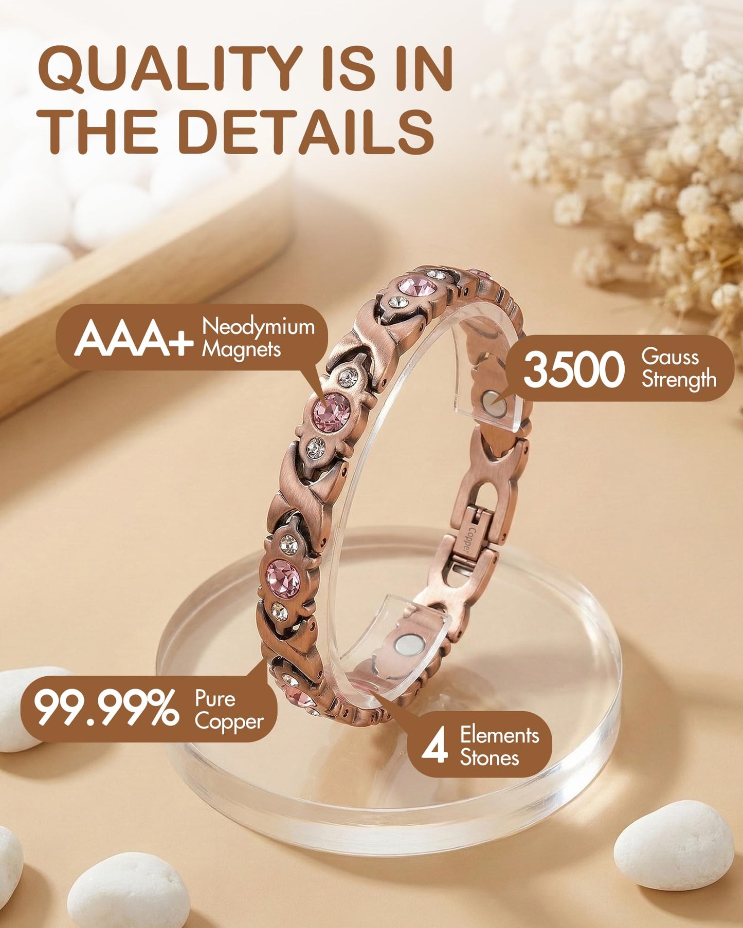 Feraco Pure Copper Bracelets for Women, 4 Elements Magnetic Bracelet with 3800 Gauss Neodymium Magnets & Dazzling Crystals, Adjustable Jewelry Gift (Copper)