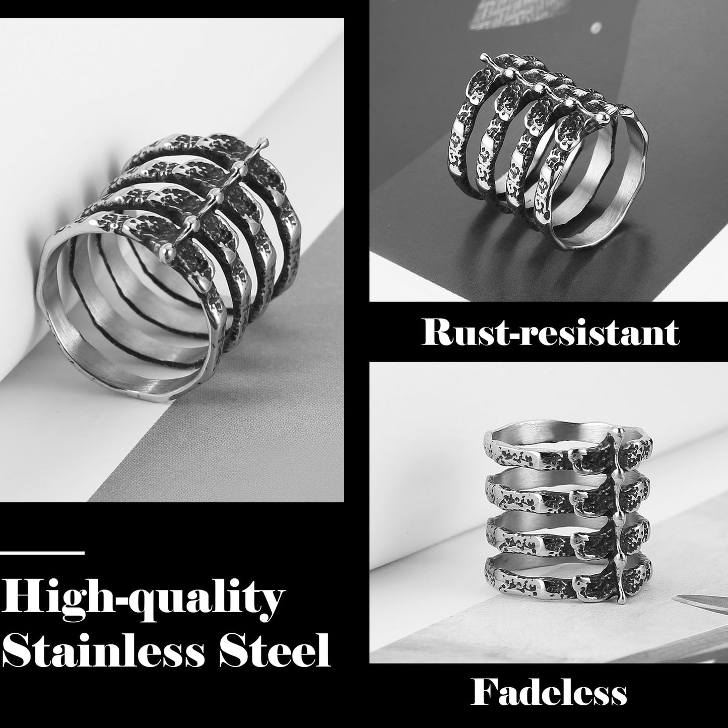 HZMAN Gothic Punk Spine Skeleton Ring Bone Stainless Steel Rings for Men Women Biker Jewelry Gift (Size,12)