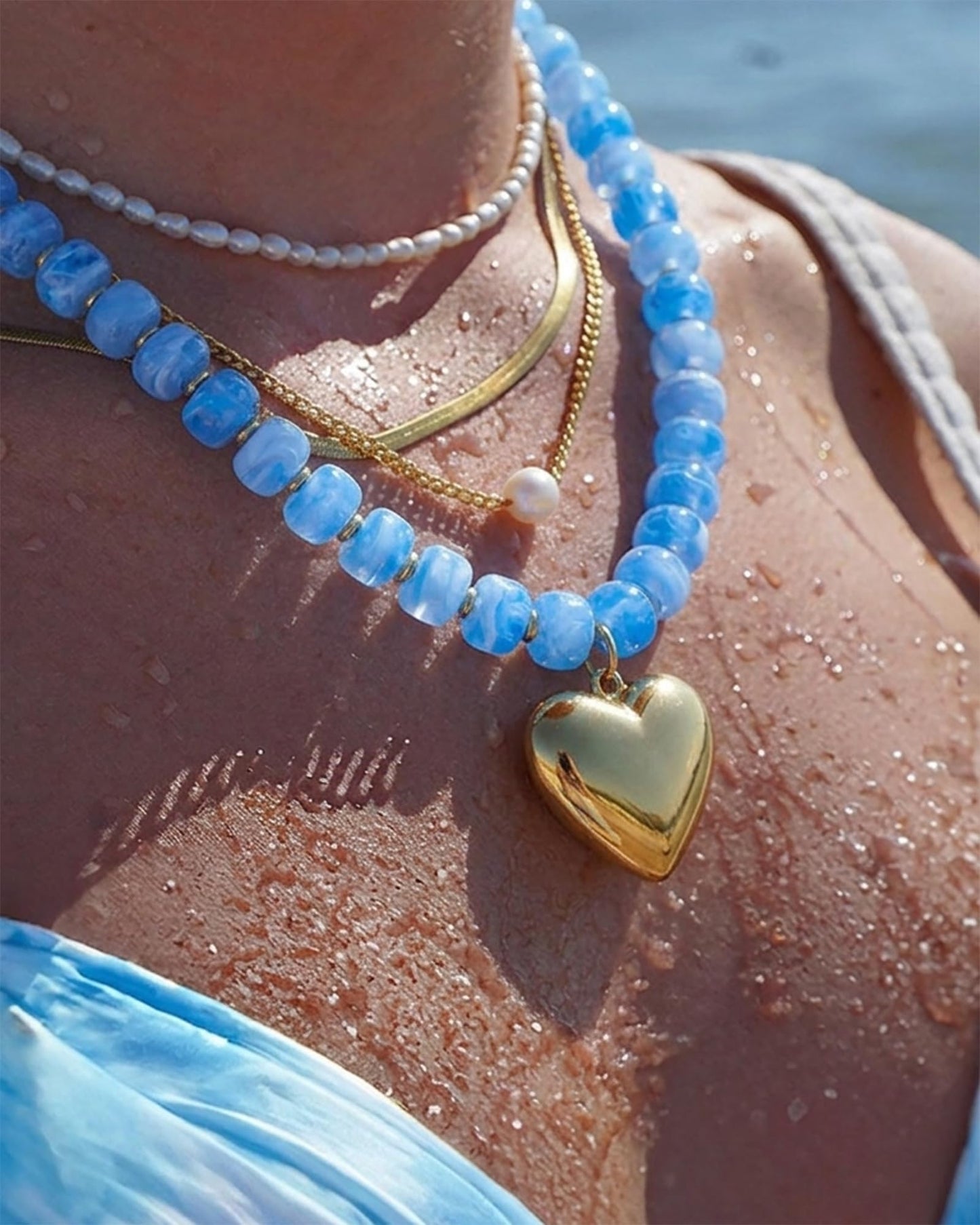 ENSKEFEN Chunky Gold Heart Pendant Necklaces for Women Bohemian Light Blue Resin Beaded Choker Necklace Trendy Chunky Statement Necklace Summer Beach Jewelry