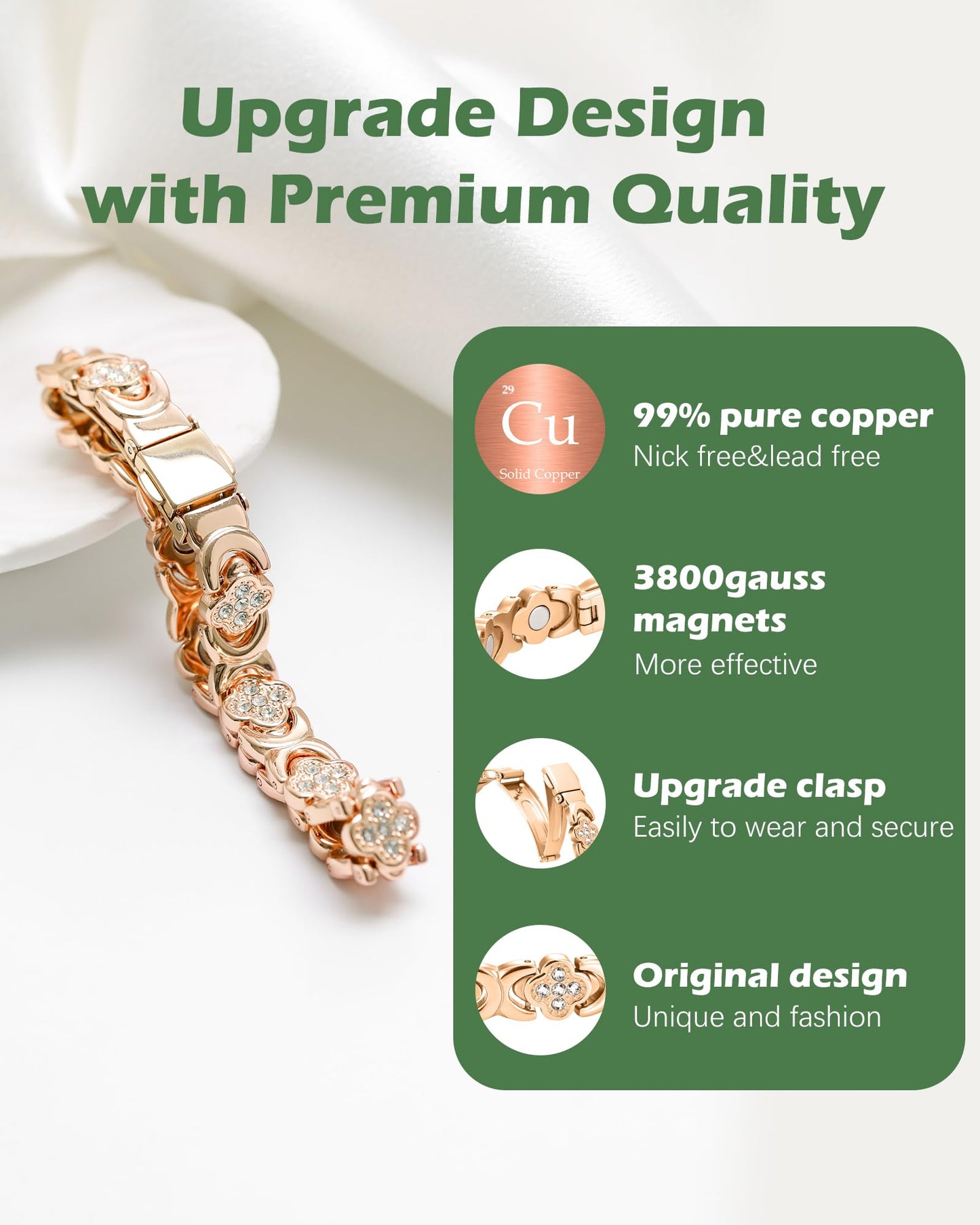 Jeracol Copper Bracelets for Women, Ultra Strength Magnetic Bracelets with 3800 Gauss Magnets & Sparkling Cubic Zirconia, Pure Copper Clover Jewelry with Ring