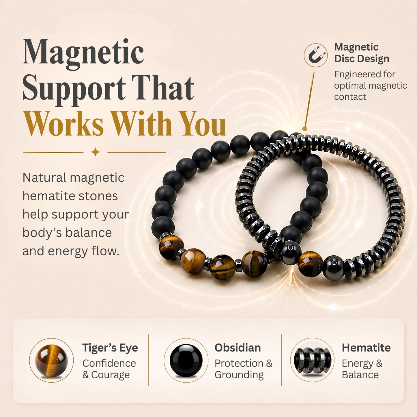 WestLuna Magnetic Healing Bracelet Set – Adjustable Magnetic Hematite Bracelets for Women Men, Slimming Crystal Chakra Energy Stone Beaded Bracelet Gift(Tiger Eye, Small)