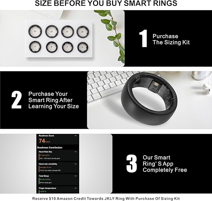 Smart Ring, Activity Trackers, Sleep Ring, Fitness Tracking, Stress Tracker, Heart Rate, Meditation, Temperature, Respiratory, No App Subscription, Women, Men, iOS, Android (Black, 6)