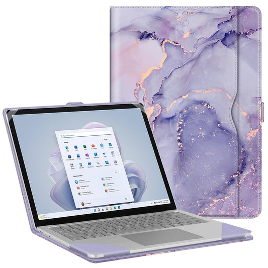 Fintie Sleeve Case for 13.8 Inch Microsoft Surface Laptop for Business 8, 13.8 Inch Surface Laptop 7, 13.5 Inch Surface Laptop 6/5/4/3/2 - Folio Book Cover with Large Pocket, Lilac Marble