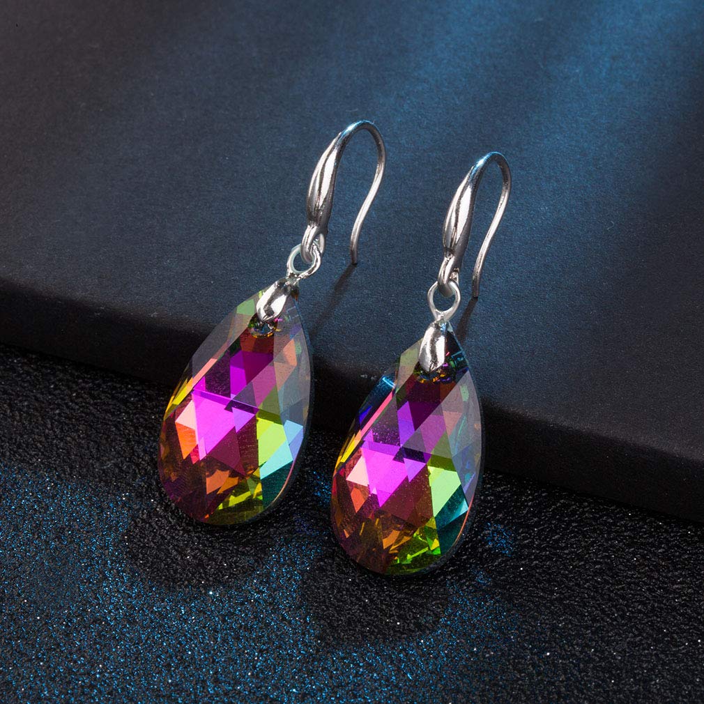 Austrian Crystal Teardrop Dangle Hook Earrings for Women 14K Gold Plated Hypoallergenic Jewelry (Vitrail Medium)