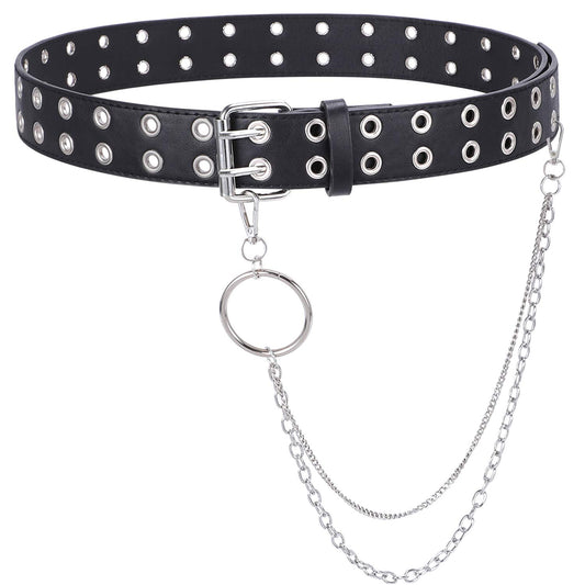 WHIPPY Double Grommet Belt with Chain for Women Men PU Leather Double Prong Buckle Punk Rock Jeans Waist Belts (Black, M)