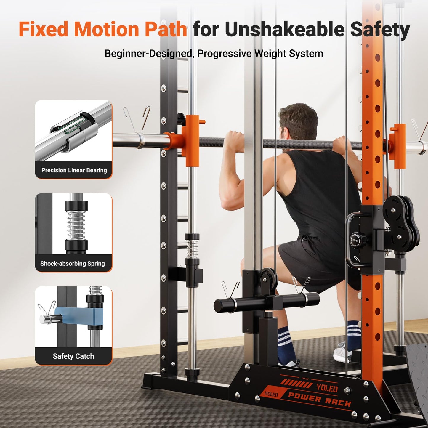 YOLEO Smith Machine with Independent Dual-Pulley System, 1800LBS Adjustable Cable Crossover Squat Rack, Multi-Functional Power Cage for Home Gym with More Workout Equipment LAT Pulldown Bar & Dip Bar