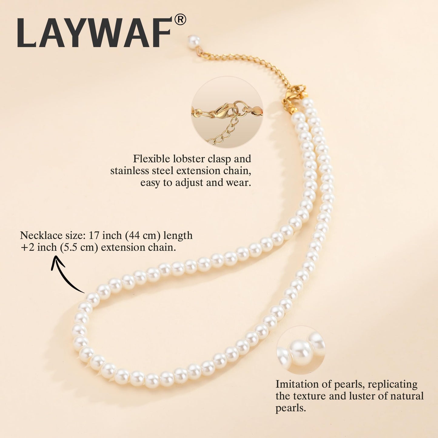 LAYWAF Imitation Pearl Necklaces for Women Mom, 6MM Beaded Necklace, Fake Pearl Choker Necklace, Simple Faux White Pearl Necklace Costume Wedding Jewelry