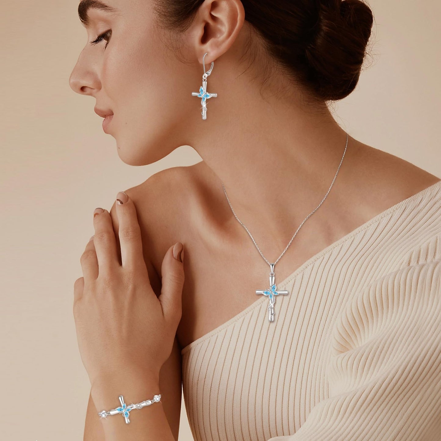 Blaniy Cross Necklace for Women 925 Sterling Silver Butterfly Necklace Aquamarine Pendant Necklaces March Birthstone Jewelry Gifts for Women