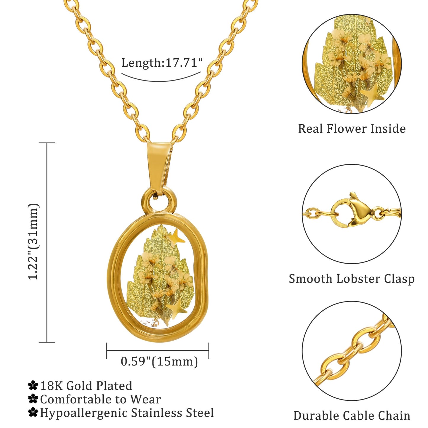 LETFLY Birth Flower Necklaces for Women, 18K Gold Plated Oval Shaped Handmade Floral Pendant, Pressed Flower Necklace Jewelry Gifts Balance