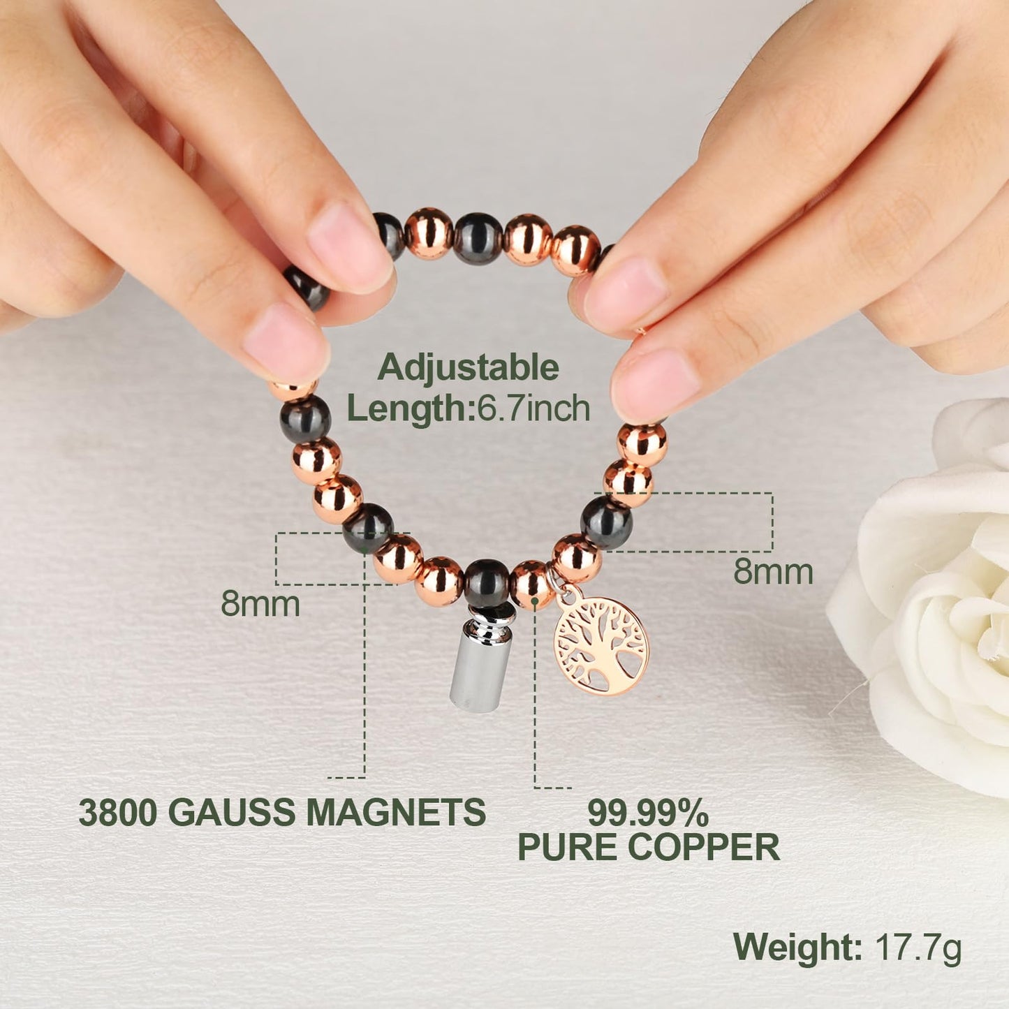 Fashtour Copper Beads Bracelet for Women and Men, Adjustable 99.99% Pure Copper Beads with 8mm Hematite Stones, Magnetic Beaded Jewelry Gift with Tree of Life Charm (8mm)