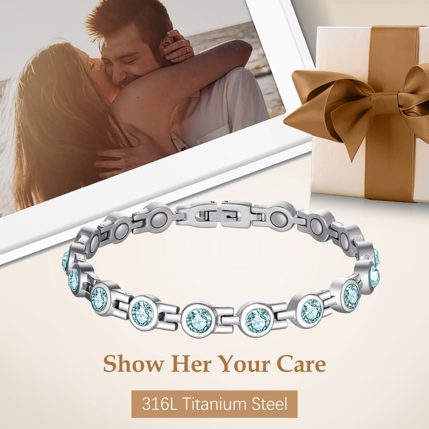 Feraco Magnetic Bracelet for Women Titanium Steel Magnetic Bracelets with Gorgeous Sparkling Cubic Zirconia Costume Jewelry Gifts (Blue)